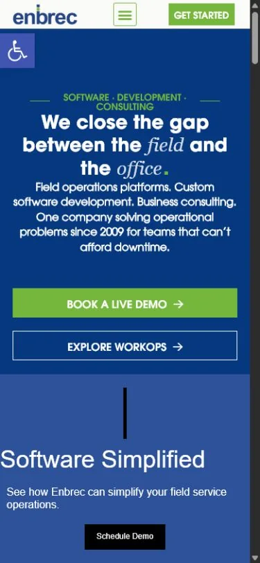 Mobile view of the Enbrec homepage and demo actions